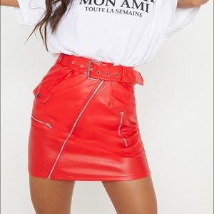 Red Biker Belted Mini Skirt